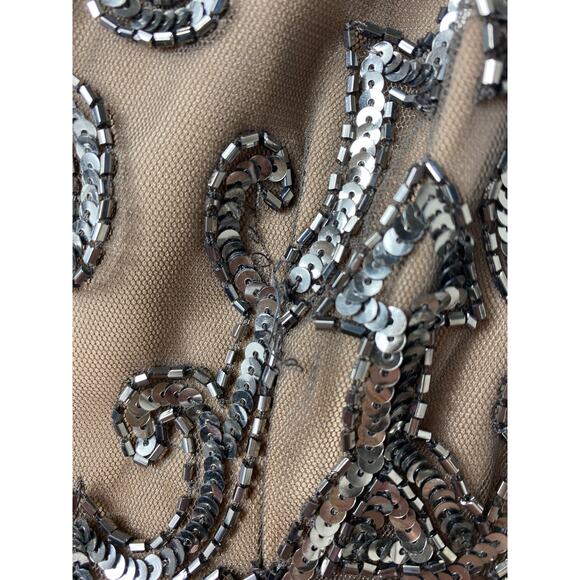 ADRIANNA PAPELL DRESS 2 SEQUIN BEADED MESH SHEER TAN NUDE SILVER MINI COCKTAIL - Picture 10 of 16